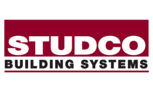 Studco Building Systems logo with maroon and black on a white background
