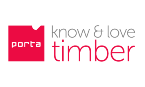 Porta Timber logo with tagline know and love timber in red and grey and white background