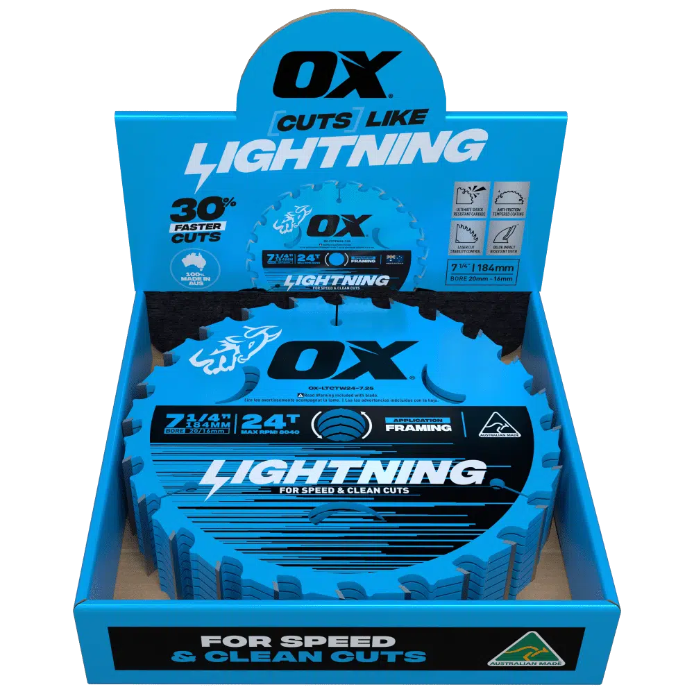 Ox Tools Pro Lightning circular saw blade 184mm length in box with transparent background