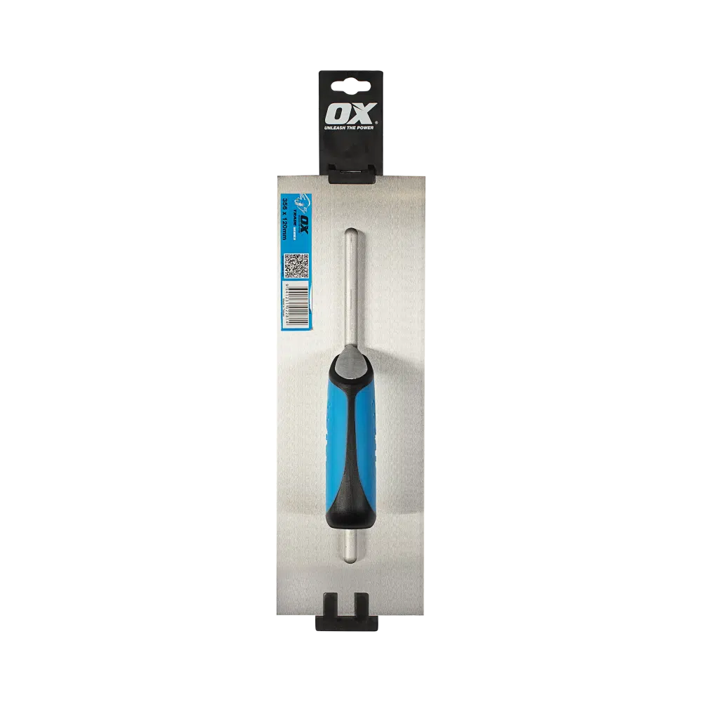 Ox Pro Tools Trade finishing trowel with rubber grip on transparent background